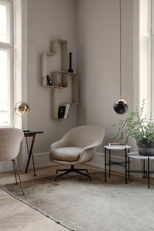 Bat_Dining_Chair_FullyUpholstered,FabricBack:Leather,Chamois1716Doesking,FabricSeat:Vidar3-333,ConicBaseAntiqueBrass                  Bat_Lounge_Chair_LowBack_FullyUpholstered,FabricBack:GUBIHarp020 beige,FabricSeat:BiniG044/03Casali,4-starBaseBlack