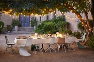 Panton Chair White & Soft Mint; DSR White; DKR White & Black; HAL RE Cardboard; Belleville Table Rectangular; Ceramic Container No 1
